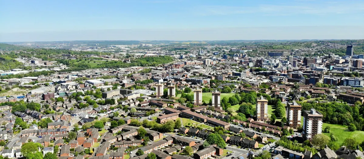 Aerial view of Sheffield's homes, parks and city centre